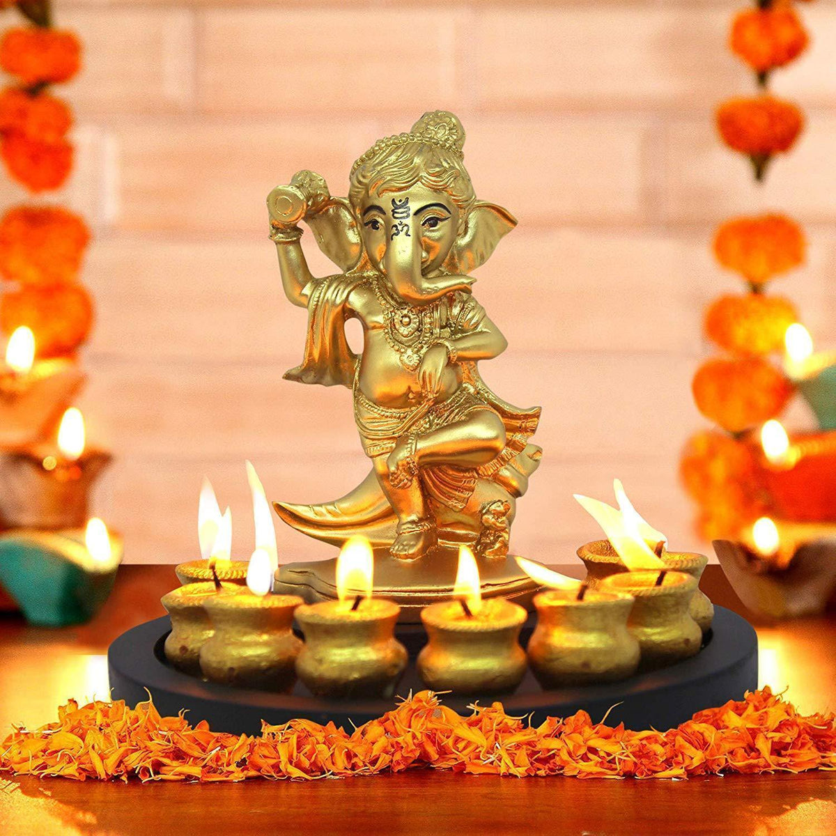 Ganesha with Clay Candle Set and Wooden tray - shopgiftsworld